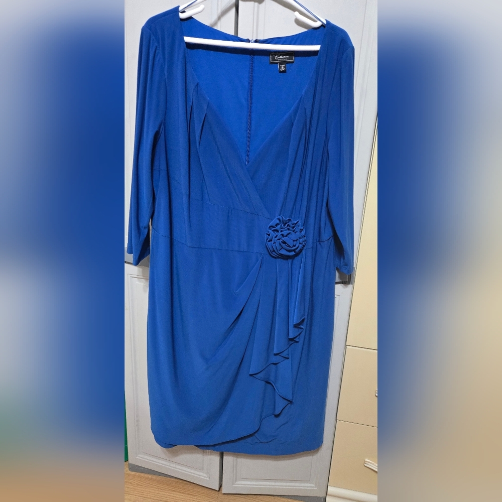dressbarn Royal Blue Long Sleeve Dress with Rosette - Picture 1 of 3